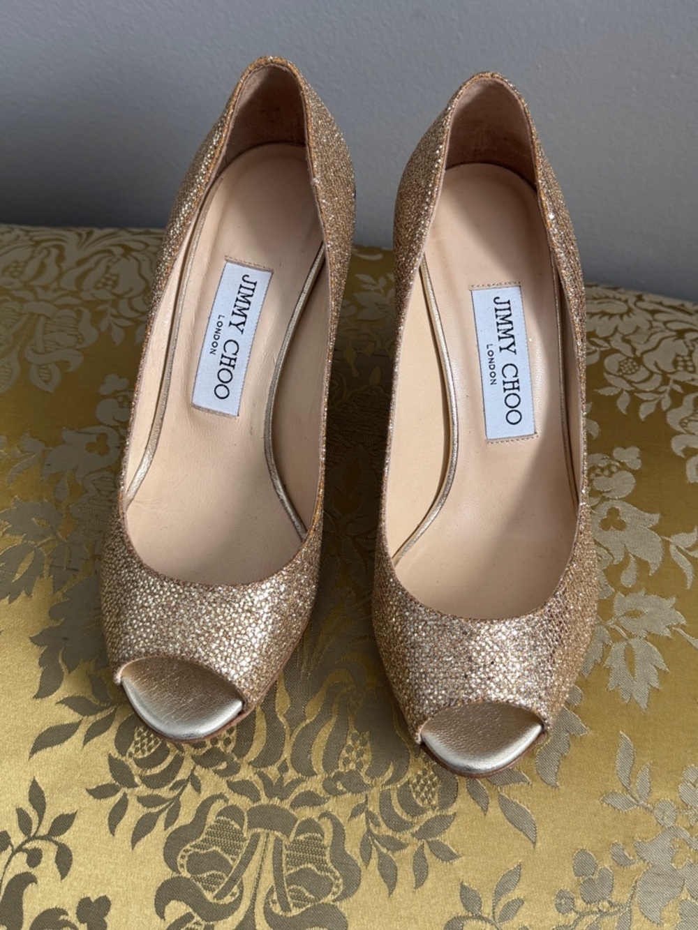 Jimmy Choo Isabel gold glitter peep toe heels